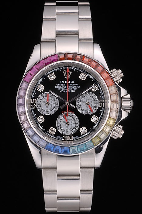 Cristales Rolex Daytona Cosmograph arco iris inoxidable Bisel Steep Correa Negro Dial 80250